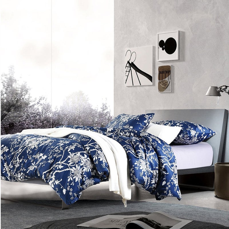 Eastern Floral Chinoiserie Blossom Print Duvet Quilt Cover Navy Blue Tan White Asian Style Botanical Tree Branches Ornamental Drawing 400TC Egyptian Cotton 3pc Bedding Set (Queen)